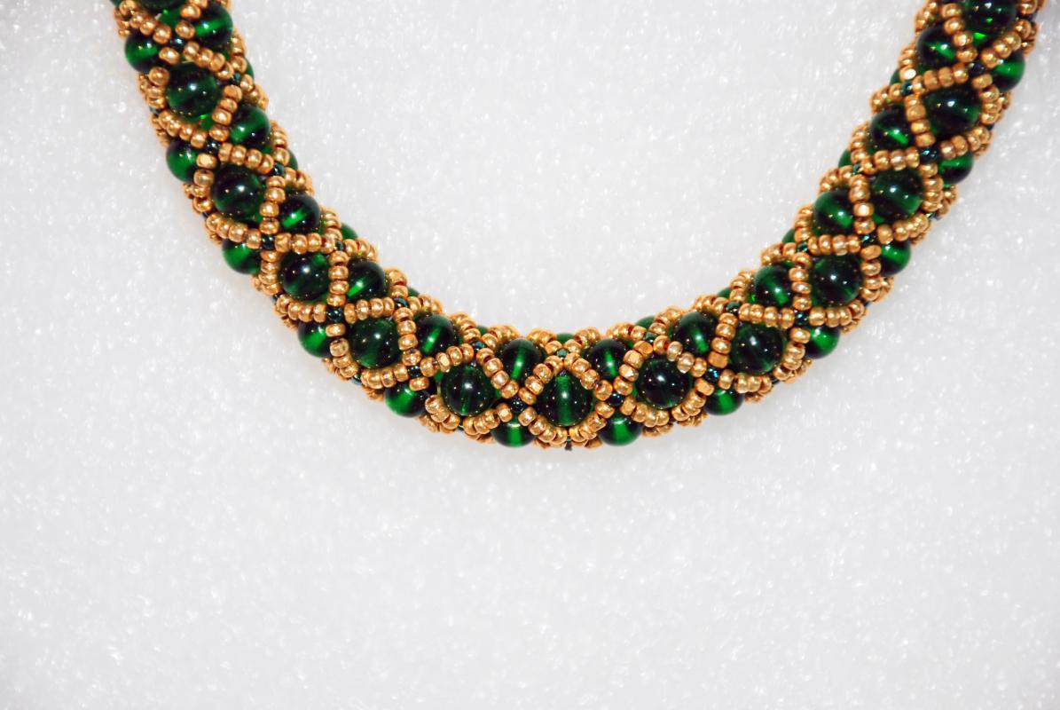 Czech Beaded Netted Rope Necklace, Green and Gold One of a Kind Original Designer