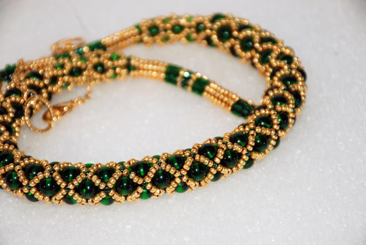 Czech Beaded Netted Rope Necklace, Green and Gold One of a Kind Original Designer