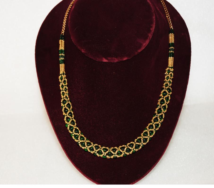 Czech Beaded Netted Rope Necklace, Green and Gold One of a Kind Original Designer