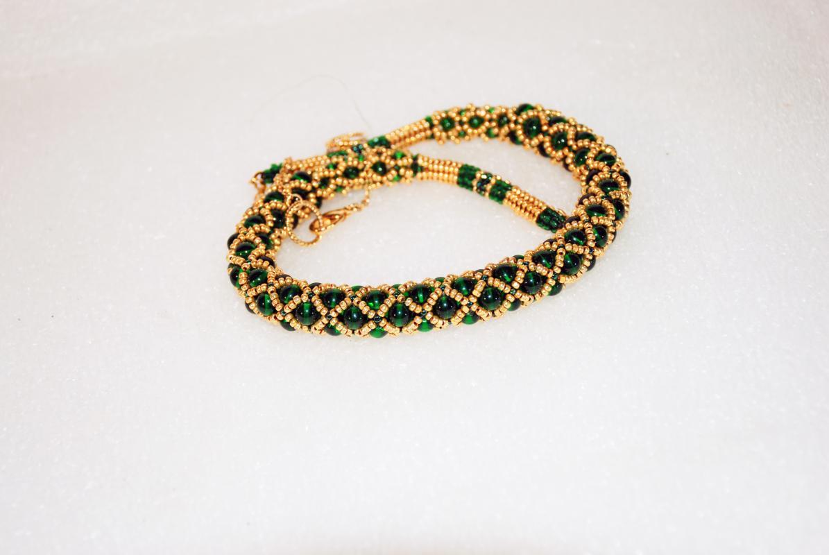 Czech Beaded Netted Rope Necklace, Green and Gold One of a Kind Original Designer