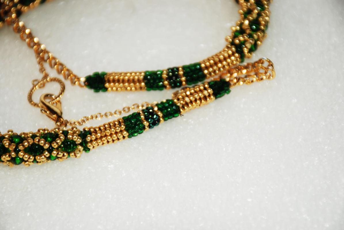 Czech Beaded Netted Rope Necklace, Green and Gold One of a Kind Original Designer