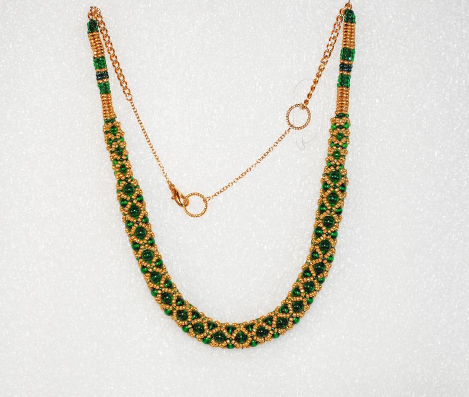 Czech Beaded Netted Rope Necklace, Green and Gold One of a Kind Original Designer