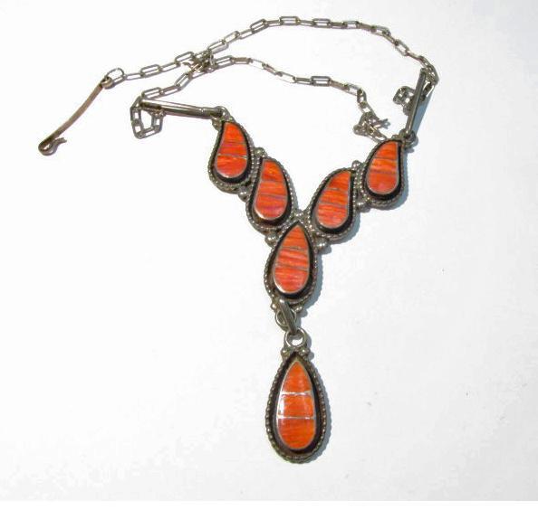 Zuni Sterling Spiny Oyster Inlay Necklace by Dion Lowsayatee Native American