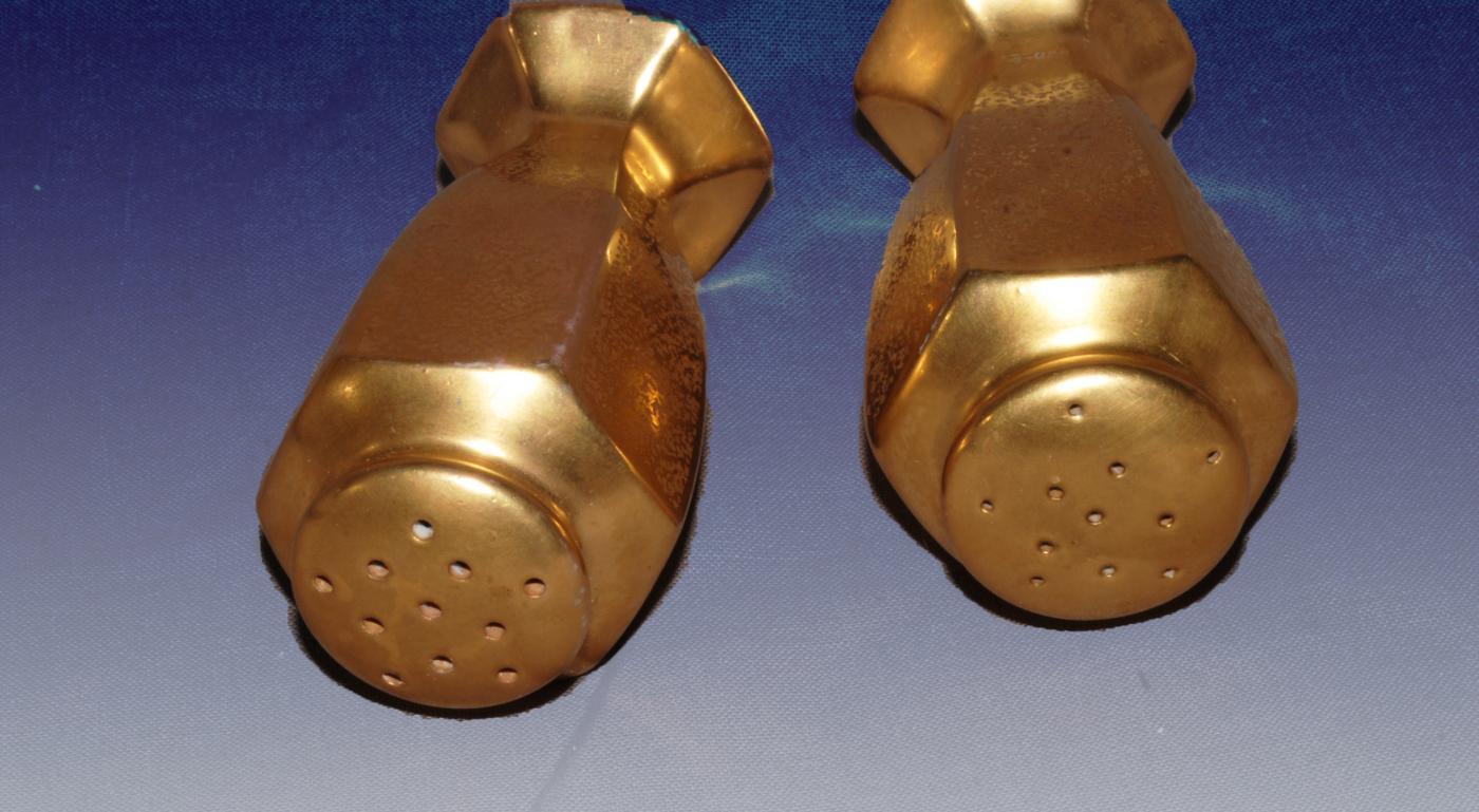 Pickard Gold Gilded Hexagonal Salt & Pepper Shakers Pebbled Pattern