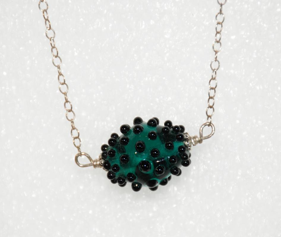Lampwork Glass Nubby Bead Necklace Dark Teal on Silver Chain