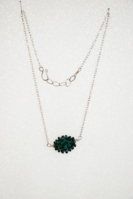 Lampwork Glass Nubby Bead Necklace Dark Teal on Silver Chain