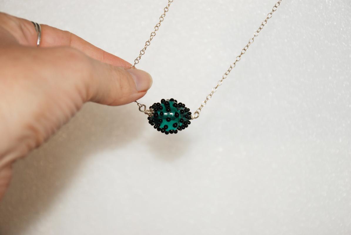 Lampwork Glass Nubby Bead Necklace Dark Teal on Silver Chain