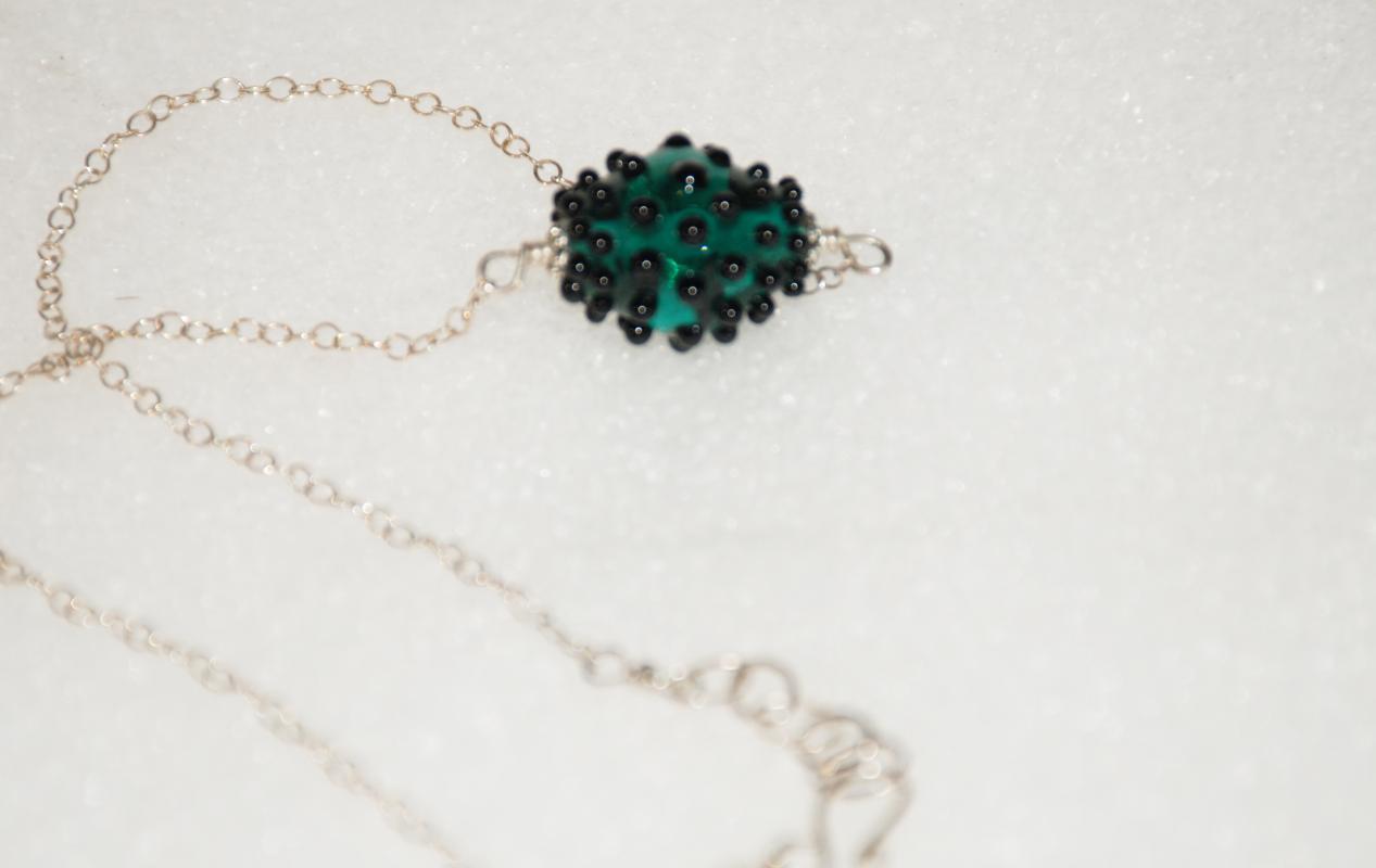 Lampwork Glass Nubby Bead Necklace Dark Teal on Silver Chain