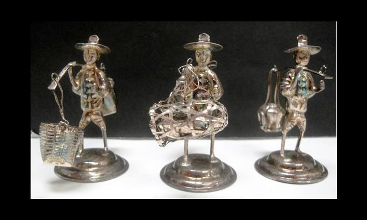 Chinese Fishermen figures of sterling silver made in Hong Kong set of 3