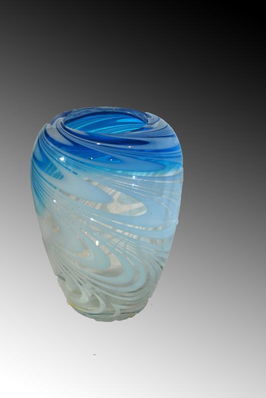 Blown Art Glass Vase Blue White Concentric Swirls on Clear Studio Glass