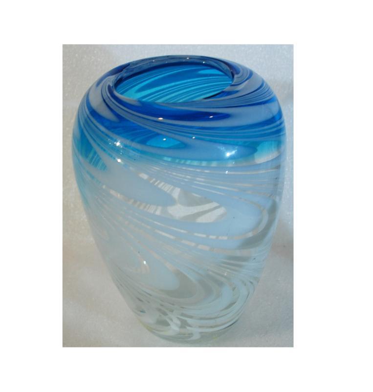 Blown Art Glass Vase Blue White Concentric Swirls on Clear Studio Glass