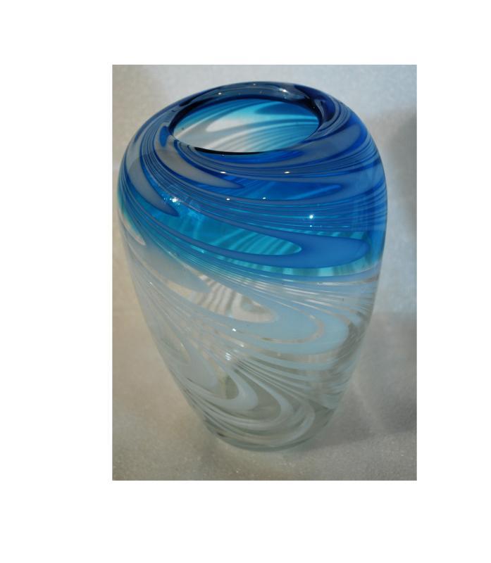 Blown Art Glass Vase Blue White Concentric Swirls on Clear Studio Glass
