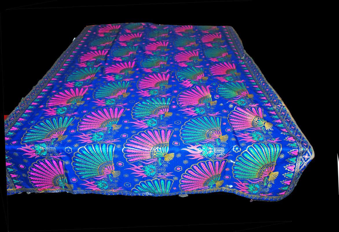 Exotic Malaysian Batik Fabric Blue Pink , Green with Gilt Gold Fans & Feathers Table Cloth 46 x 76 inches