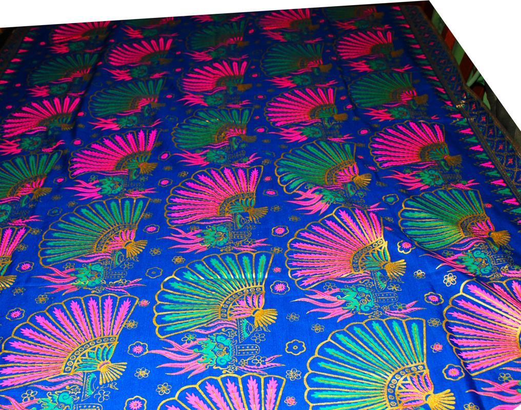 Exotic Malaysian Batik Fabric Blue Pink , Green with Gilt Gold Fans & Feathers Table Cloth 46 x 76 inches