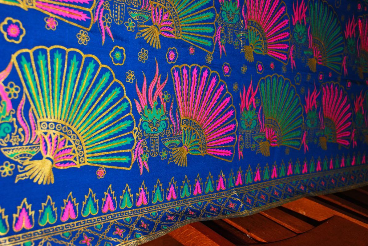Exotic Malaysian Batik Fabric Blue Pink , Green with Gilt Gold Fans & Feathers Table Cloth 46 x 76 inches