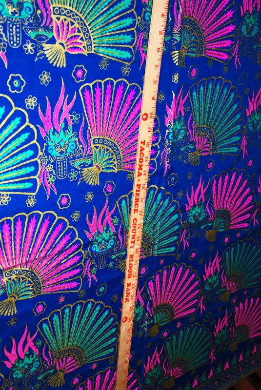Exotic Malaysian Batik Fabric Blue Pink , Green with Gilt Gold Fans & Feathers Table Cloth 46 x 76 inches