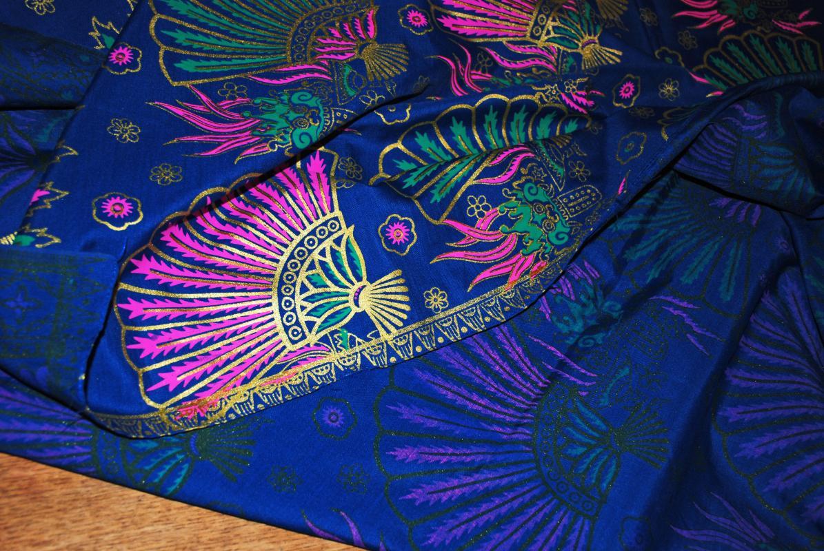 Exotic Malaysian Batik Fabric Blue Pink , Green with Gilt Gold Fans & Feathers Table Cloth 46 x 76 inches