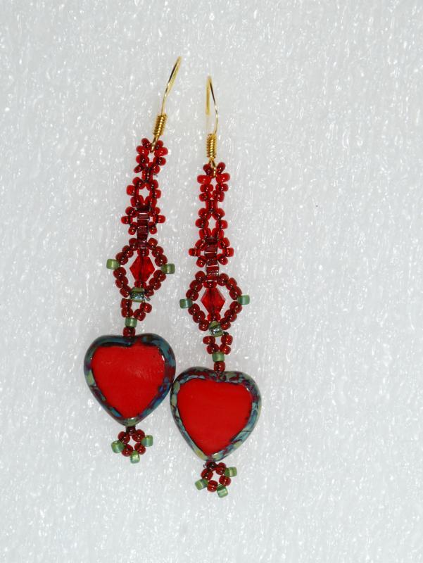Czech Red Heart Picasso Glass Dangle Earrings Hand Crafted One of Kind Design