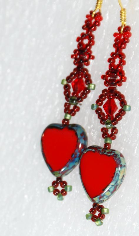 Czech Red Heart Picasso Glass Dangle Earrings Hand Crafted One of Kind Design