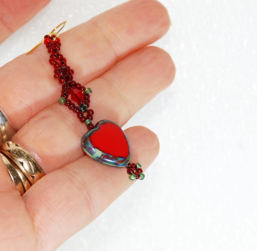 Czech Red Heart Picasso Glass Dangle Earrings Hand Crafted One of Kind Design