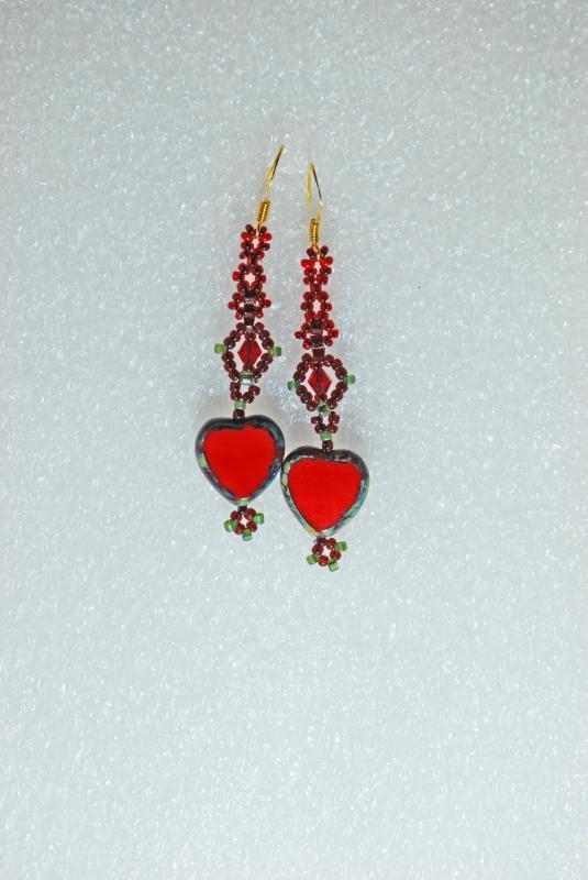 Czech Red Heart Picasso Glass Dangle Earrings Hand Crafted One of Kind Design
