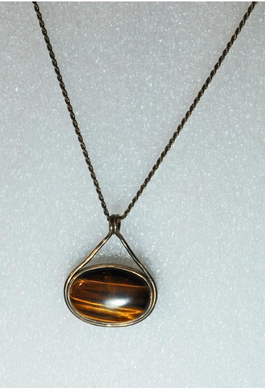 Large Tiger Eye & Sterling Silver Pendant Necklace