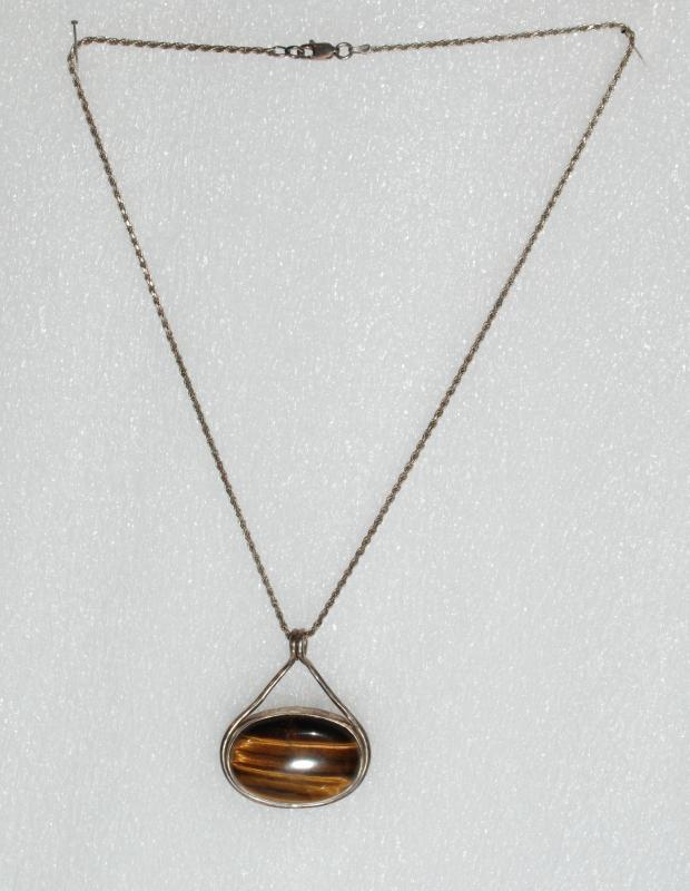 Large Tiger Eye & Sterling Silver Pendant Necklace