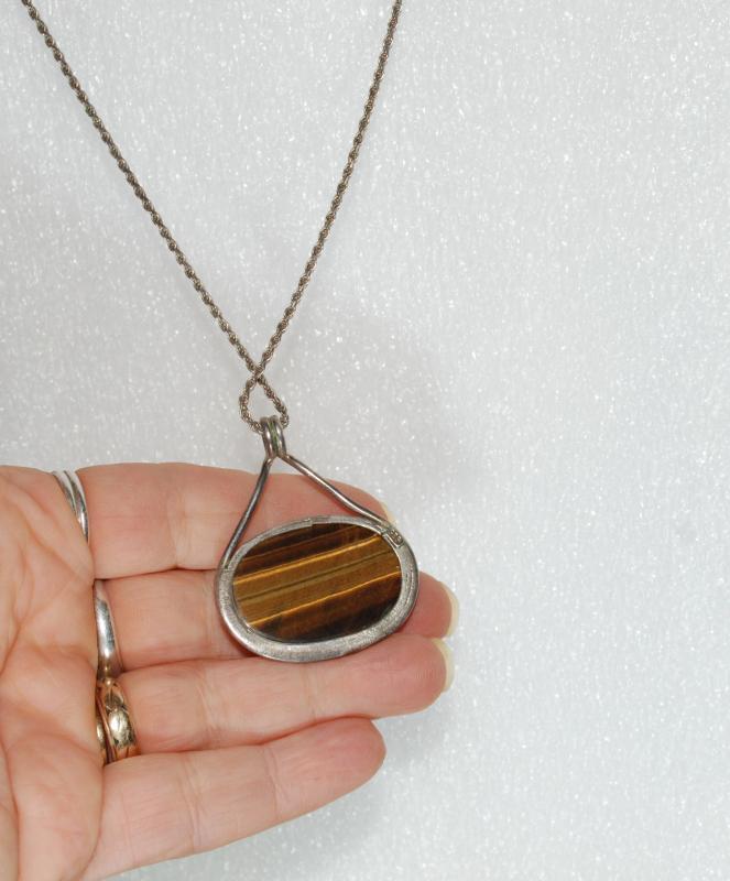 Large Tiger Eye & Sterling Silver Pendant Necklace