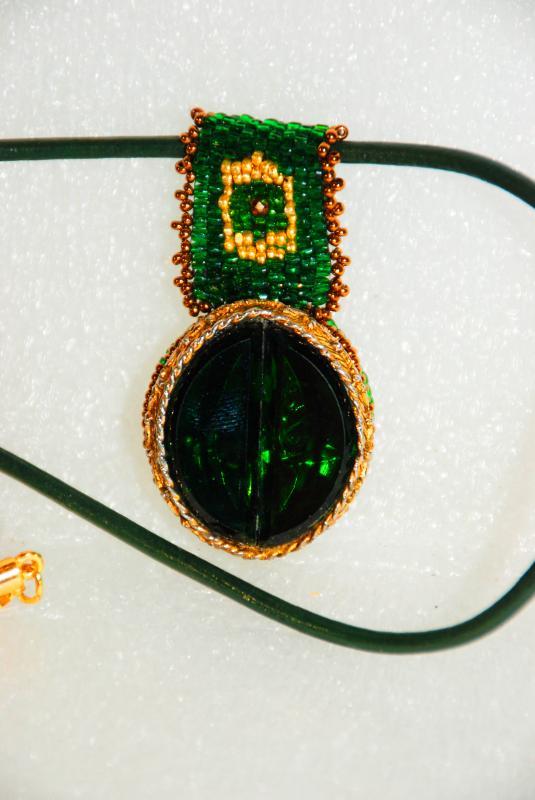 Large Green Gold Glass Pendant with Beaded Bail on Genuine Leather Rope Handcrafted one of Kind