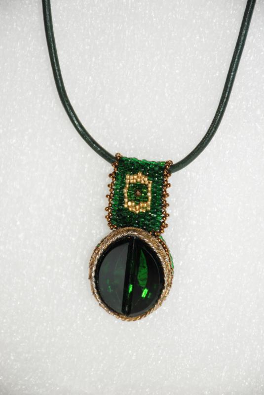 Large Green Gold Glass Pendant with Beaded Bail on Genuine Leather Rope Handcrafted one of Kind