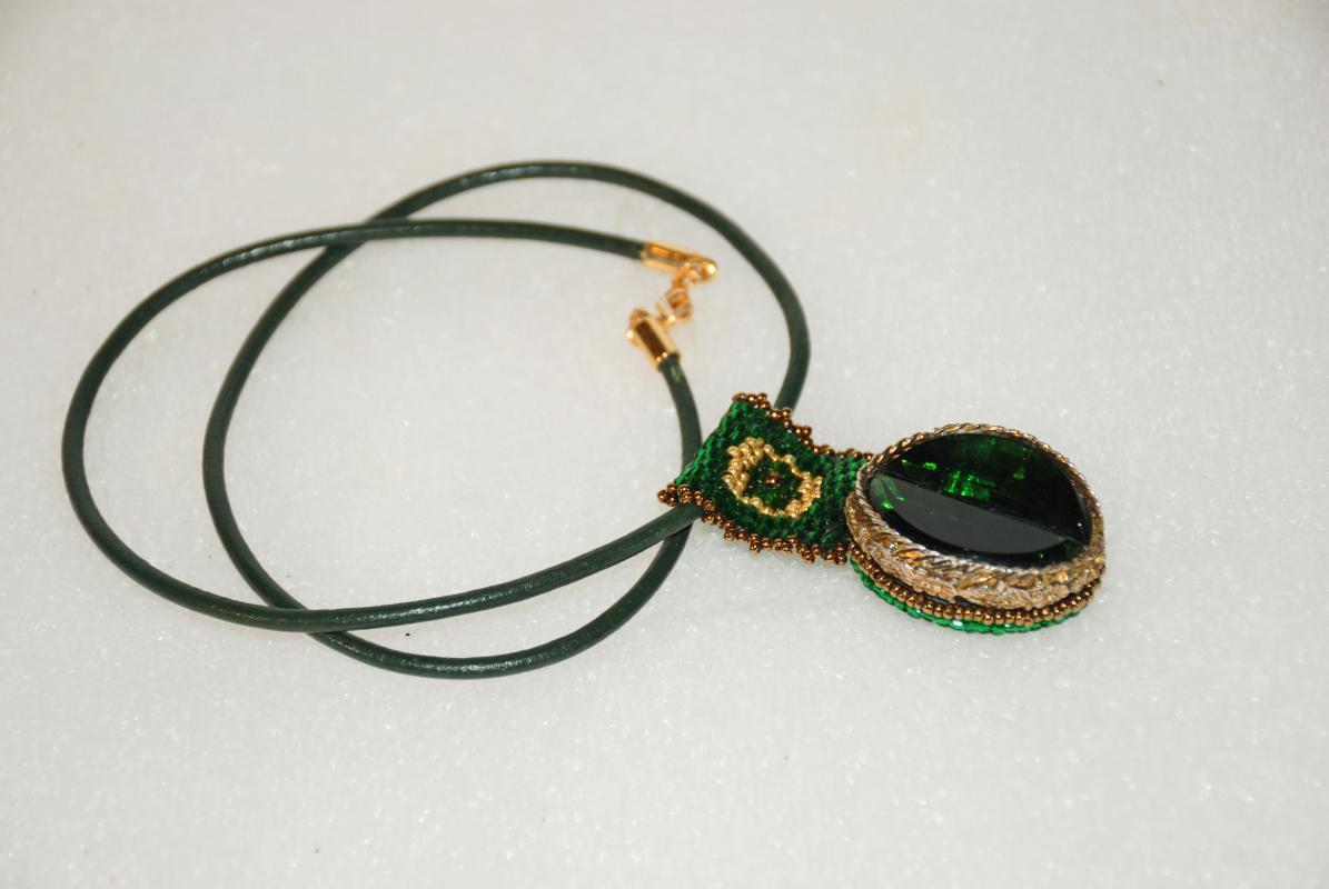 Large Green Gold Glass Pendant with Beaded Bail on Genuine Leather Rope Handcrafted one of Kind