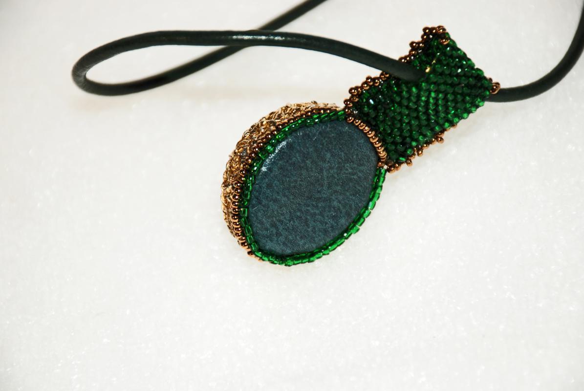 Large Green Gold Glass Pendant with Beaded Bail on Genuine Leather Rope Handcrafted one of Kind