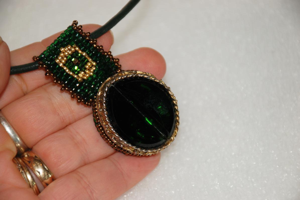 Large Green Gold Glass Pendant with Beaded Bail on Genuine Leather Rope Handcrafted one of Kind
