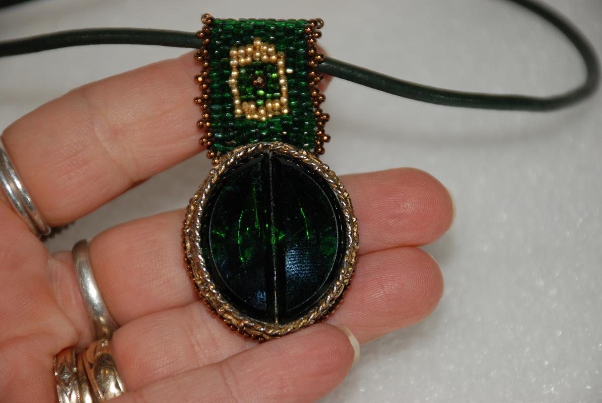 Large Green Gold Glass Pendant with Beaded Bail on Genuine Leather Rope Handcrafted one of Kind