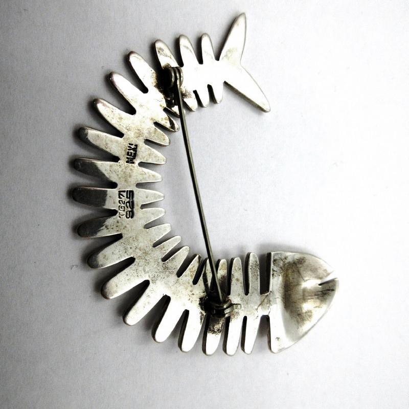 TAXCO Modernist Large Sterling Curved Fish Skeleton Brooch
