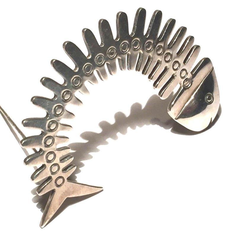 TAXCO Modernist Large Sterling Curved Fish Skeleton Brooch