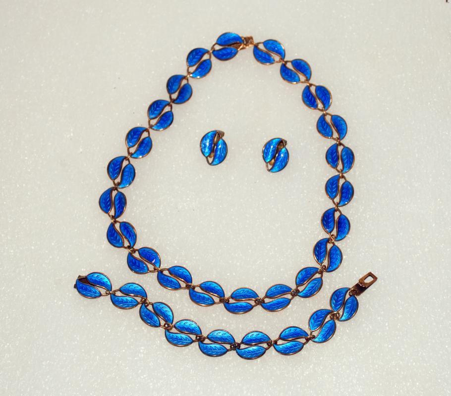 David Andersen Norway Blue Double Leaves Guilloche Sterling Silver Enamel Necklace, Bracelet & Clip Earrings Set 4pc