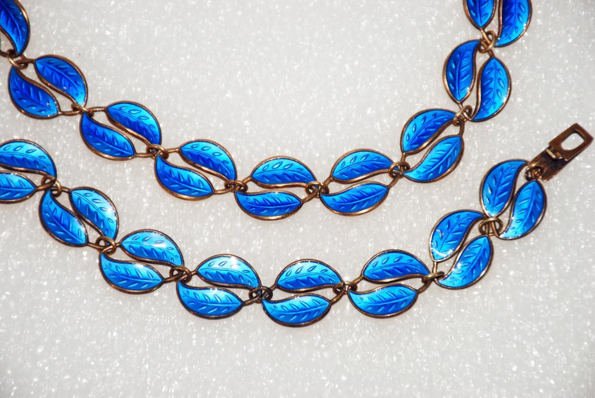 David Andersen Norway Blue Double Leaves Guilloche Sterling Silver Enamel Necklace, Bracelet & Clip Earrings Set 4pc