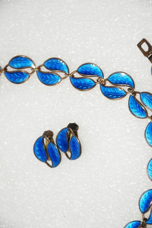 David Andersen Norway Blue Double Leaves Guilloche Sterling Silver Enamel Necklace, Bracelet & Clip Earrings Set 4pc