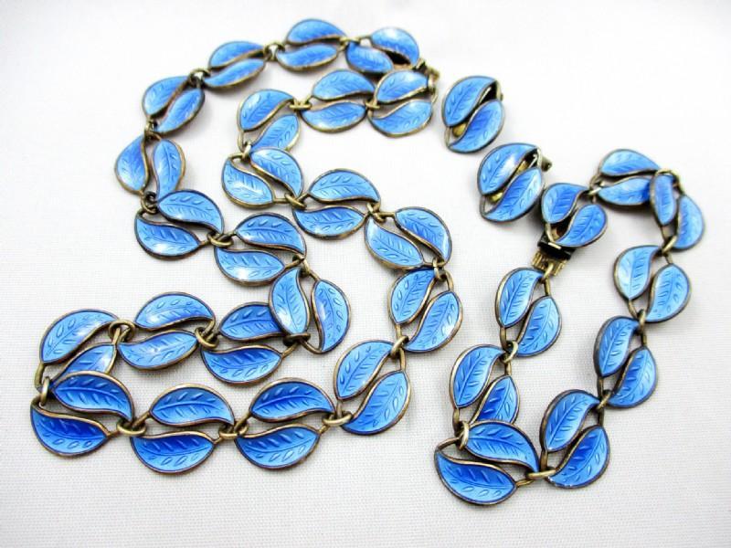 David Andersen Norway Blue Double Leaves Guilloche Sterling Silver Enamel Necklace, Bracelet & Clip Earrings Set 4pc