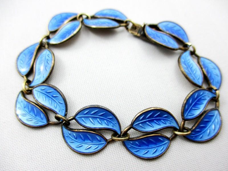 David Andersen Norway Blue Double Leaves Guilloche Sterling Silver Enamel Necklace, Bracelet & Clip Earrings Set 4pc