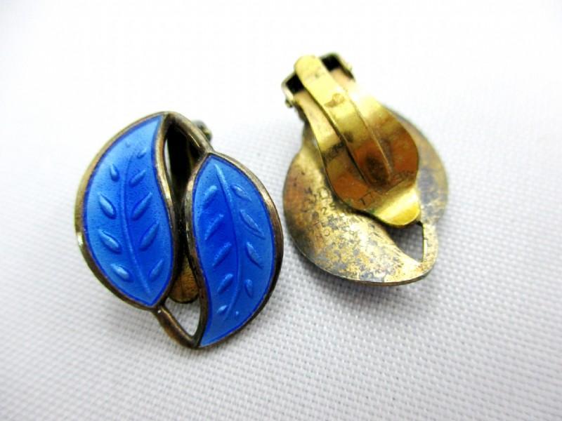 David Andersen Norway Blue Double Leaves Guilloche Sterling Silver Enamel Necklace, Bracelet & Clip Earrings Set 4pc