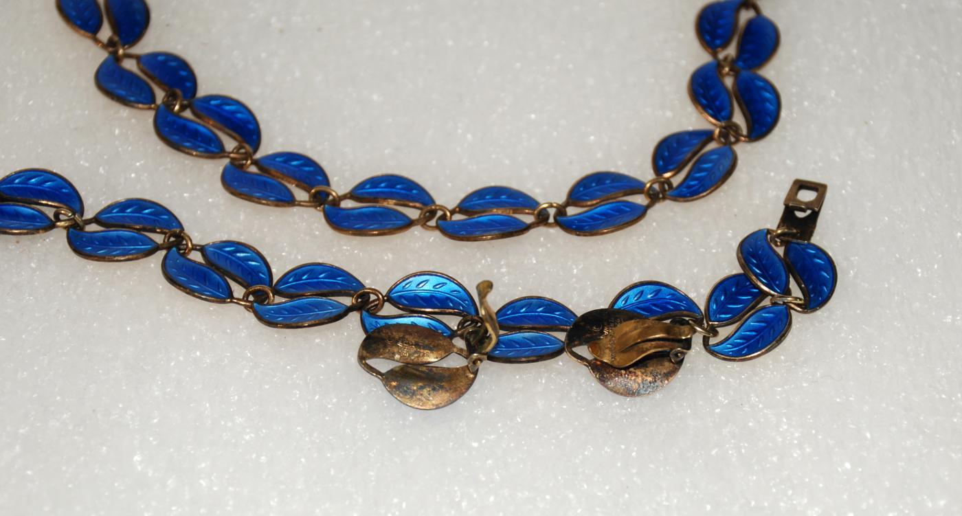 David Andersen Norway Blue Double Leaves Guilloche Sterling Silver Enamel Necklace, Bracelet & Clip Earrings Set 4pc