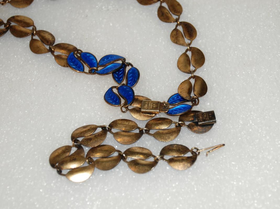 David Andersen Norway Blue Double Leaves Guilloche Sterling Silver Enamel Necklace, Bracelet & Clip Earrings Set 4pc