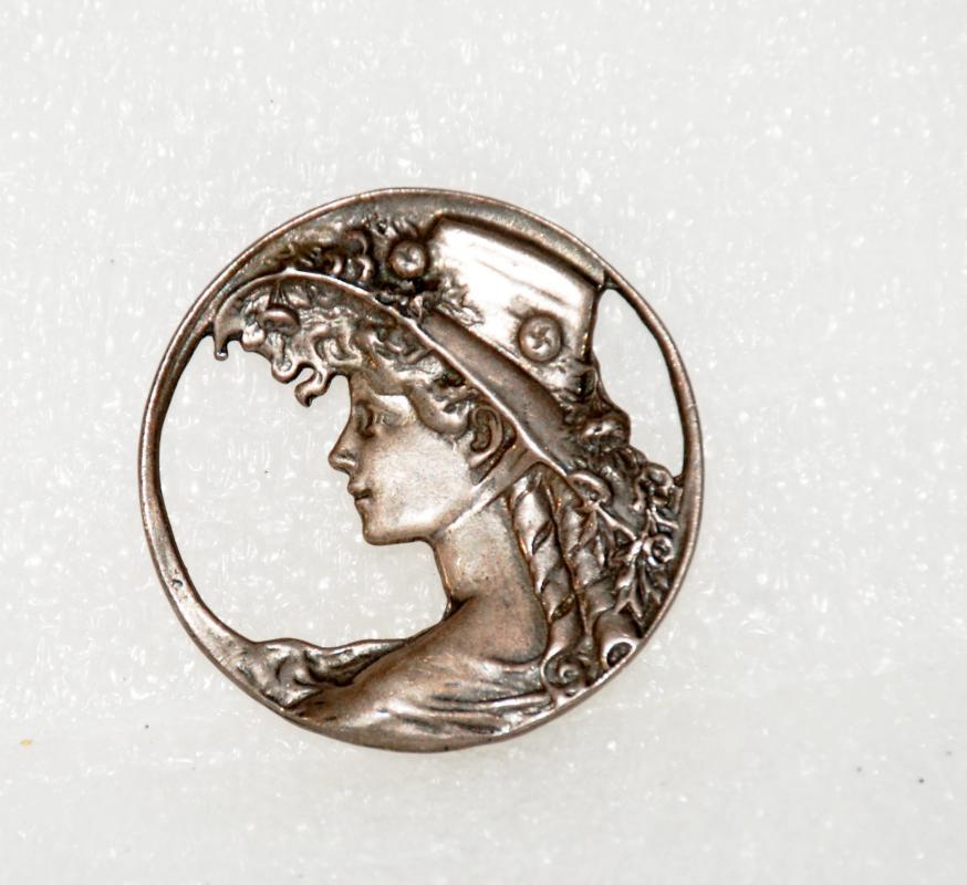 Art Nouveau Cast Sterling Silver Woman in Hat Round Brooch Pin