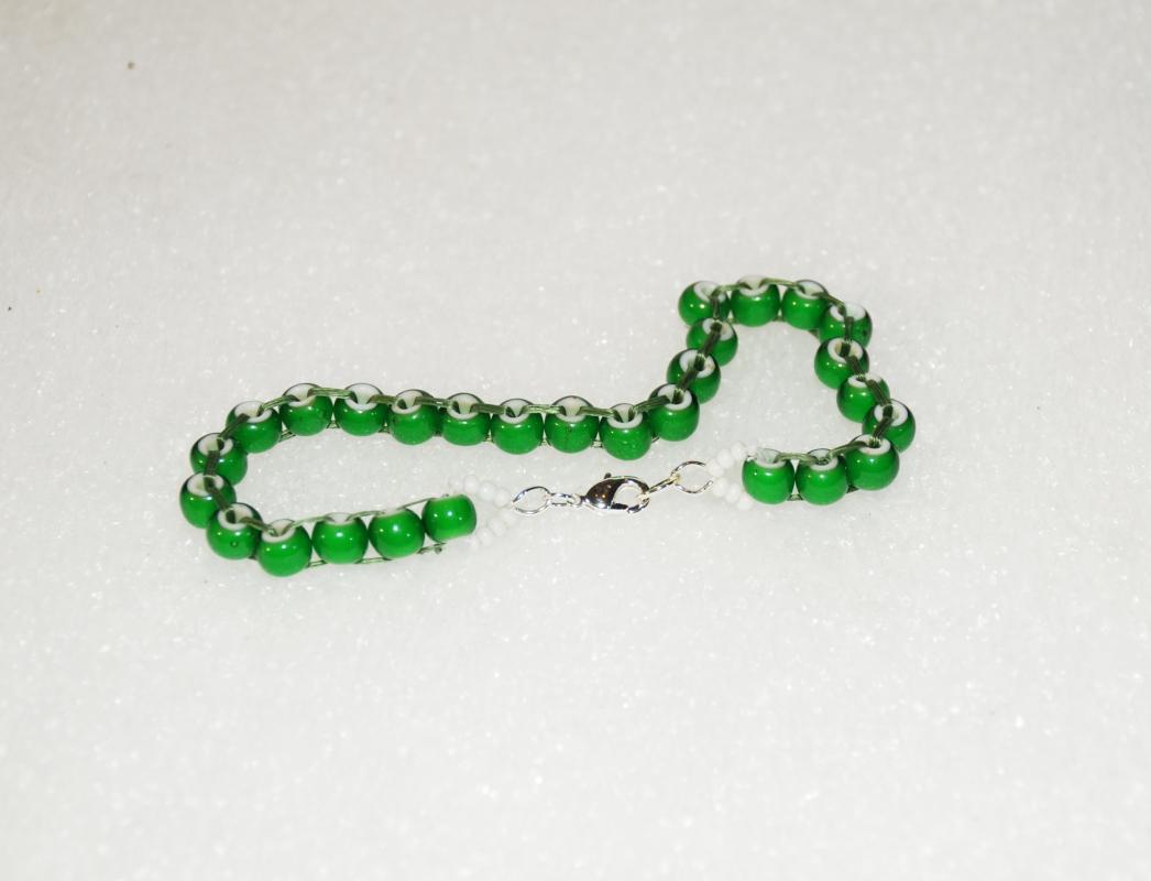African Trade Bead Green White Heart Beaded Bracelet, hand crafted