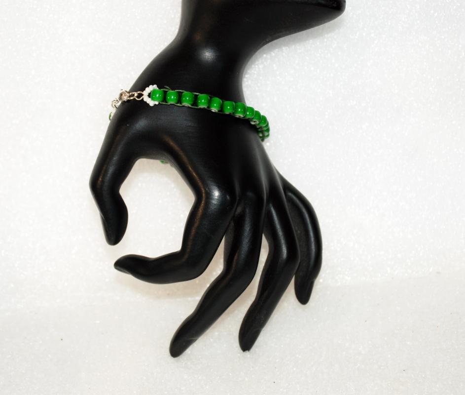 African Trade Bead Green White Heart Beaded Bracelet, hand crafted