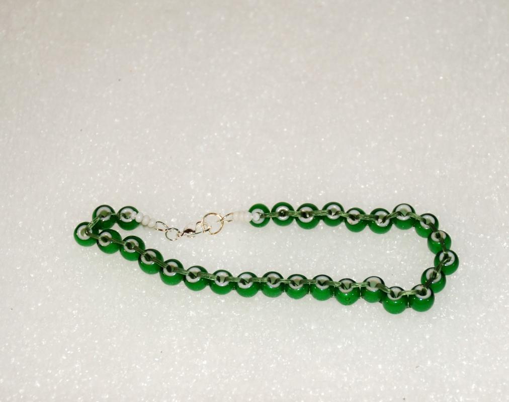 African Trade Bead Green White Heart Beaded Bracelet, hand crafted