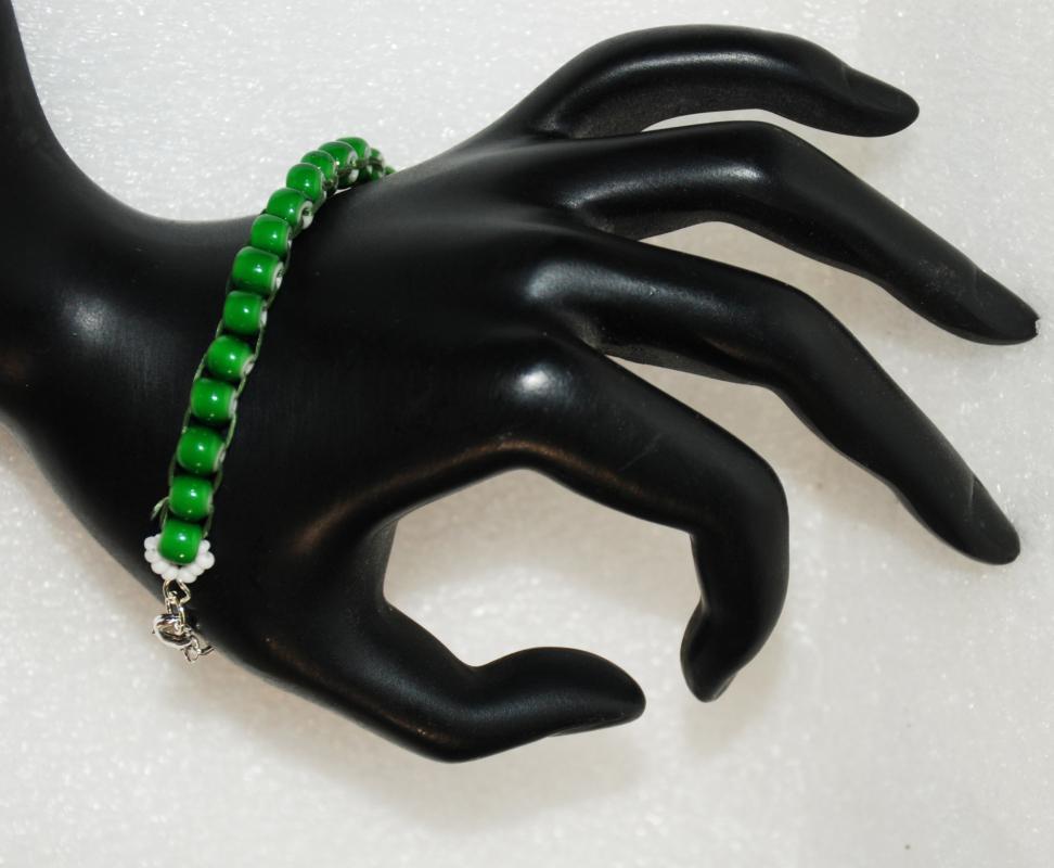 African Trade Bead Green White Heart Beaded Bracelet, hand crafted