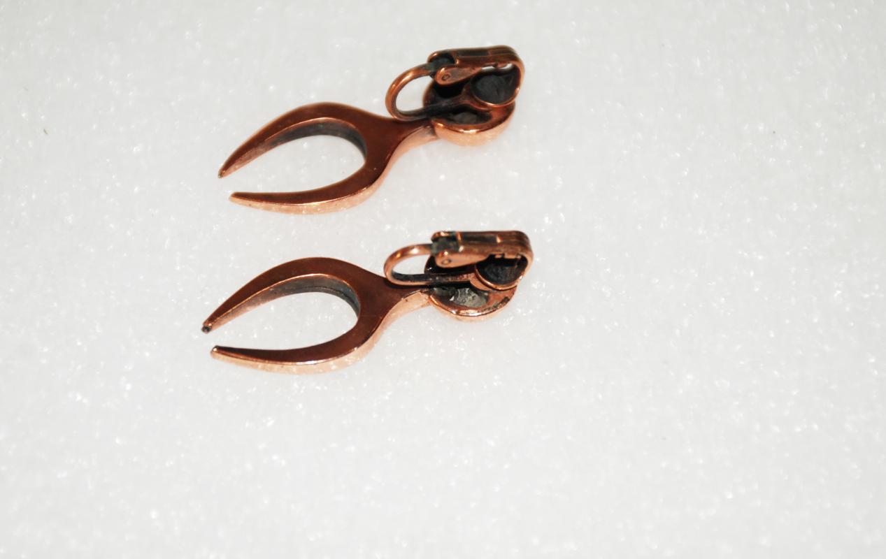 Modernist Copper Earrings, Abstract Wish Bone Shape Clip On's